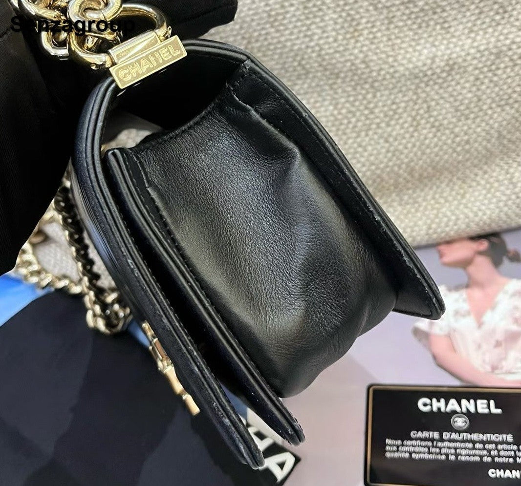 Chanel Leboy PM Chain Calfskin Shoulder Bag Crossbody Black Gold Women Classic