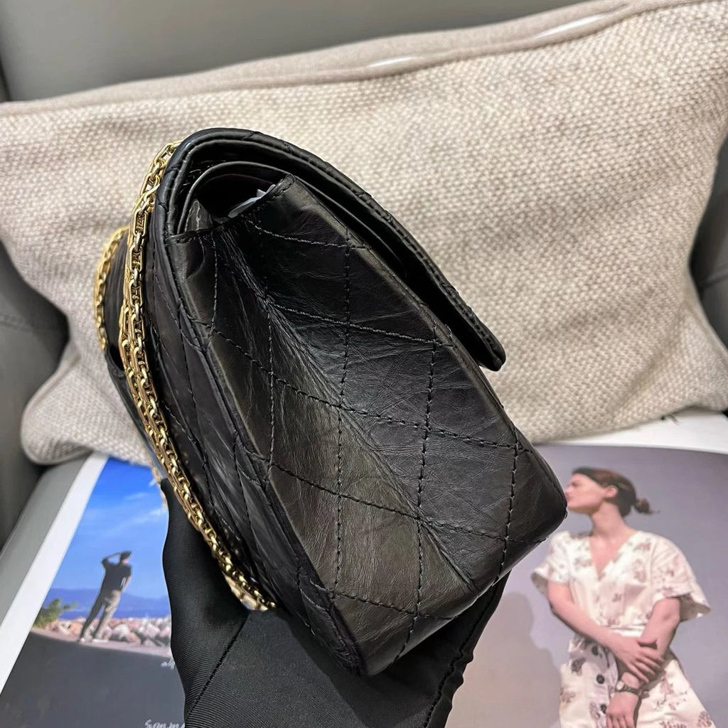 Chanel 2.55 MM Calfskin Chain Shoulder Bag Black Gold Diamond Women Classic