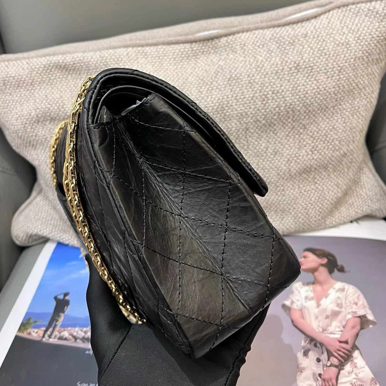 Chanel 2.55 MM Calfskin Chain Shoulder Bag Black Gold Diamond Women Classic