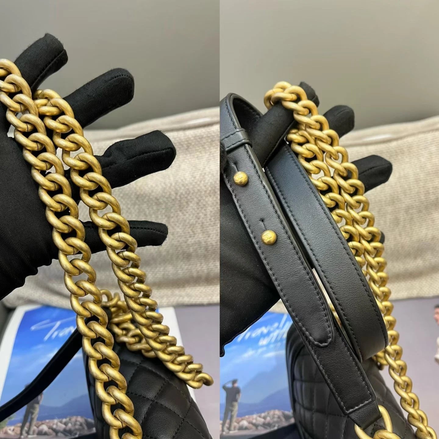 Chanel Leboy PM Calfskin Chain Shoulder Crossbody Black Gold Women Classic