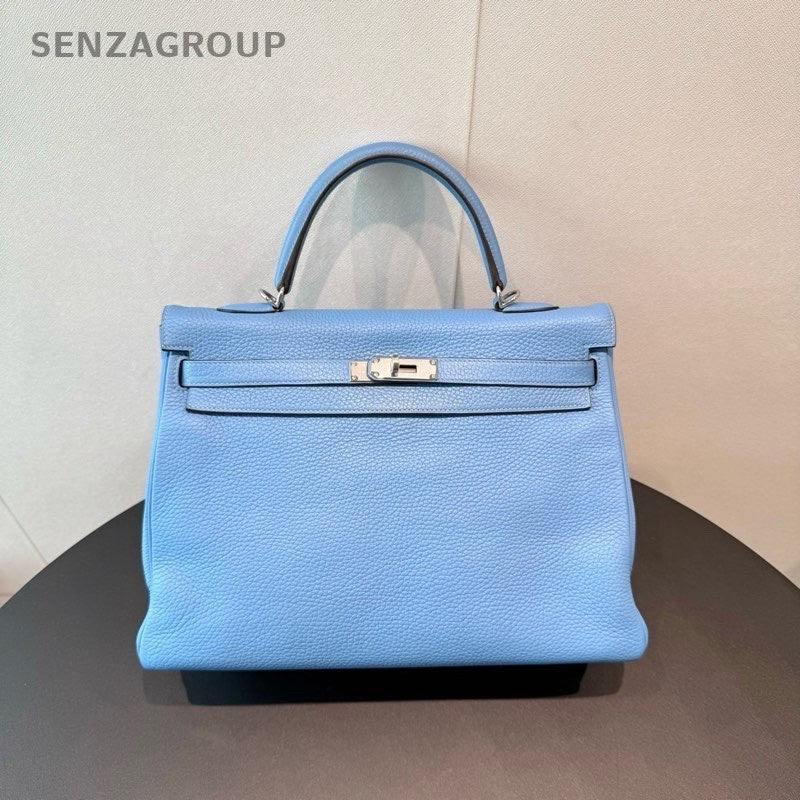 Hermes Kelly35 Top Handle bag Crossbody Blue Silver Used Women Classic