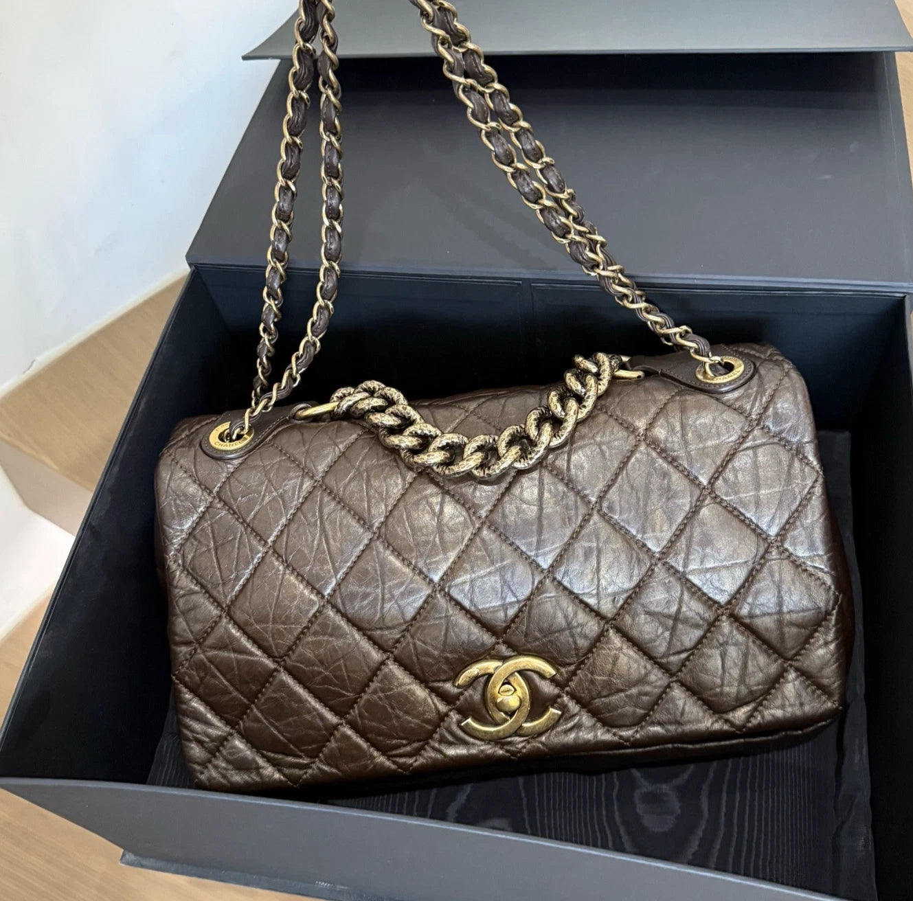 Chanel Oil Wax Dianmond Chain Shoulder Bag Brown Women Classic