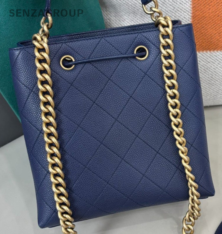Chanel Calfskin Bucket Chain Shoulder Bag Crossbody Blue Gold Diamond Women