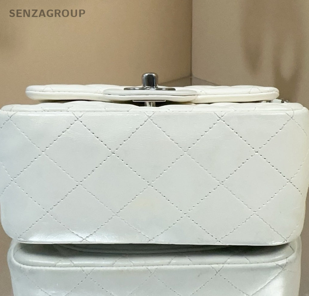 Chanel Classic Flap Lambskin Chain Shoulder Bag Crossbody White Silver Women