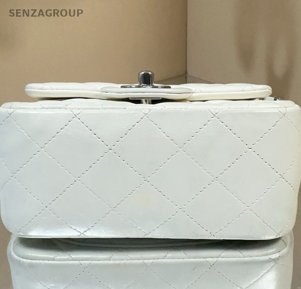 Chanel Classic Flap Lambskin Chain Shoulder Bag Crossbody White Silver Women