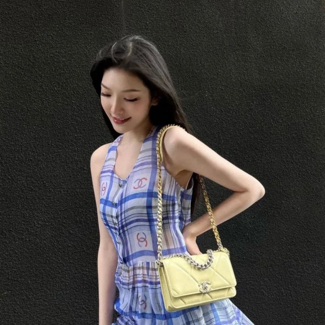 Chanel 19Bag WOC Chain Shoulder Bag Crossbody Yellow Silver Women Classic