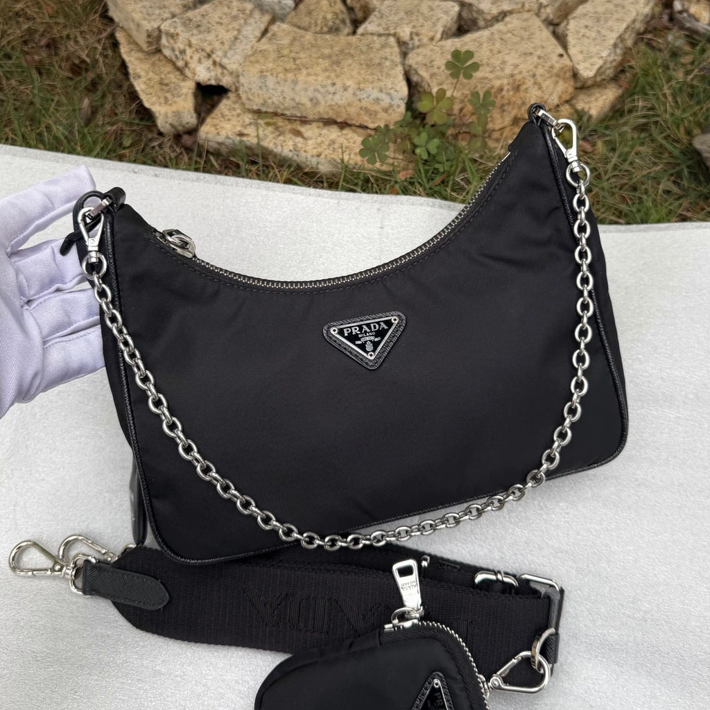Prada Nylon Hobo Chain Shoulder Bag Crossbody Black Silver Women Classic