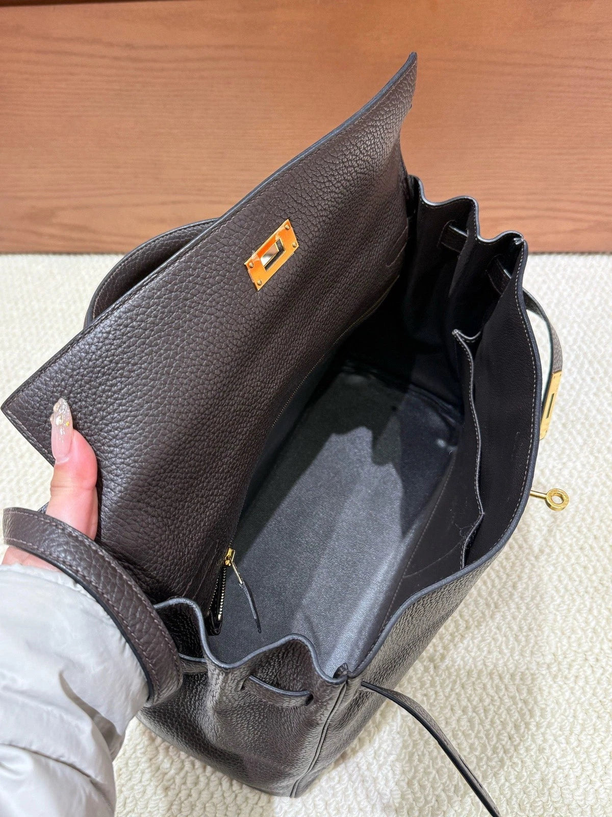 Hermes Kelly35 Top Handle Shoulder Bag Black Gold Unisex Adults Classic