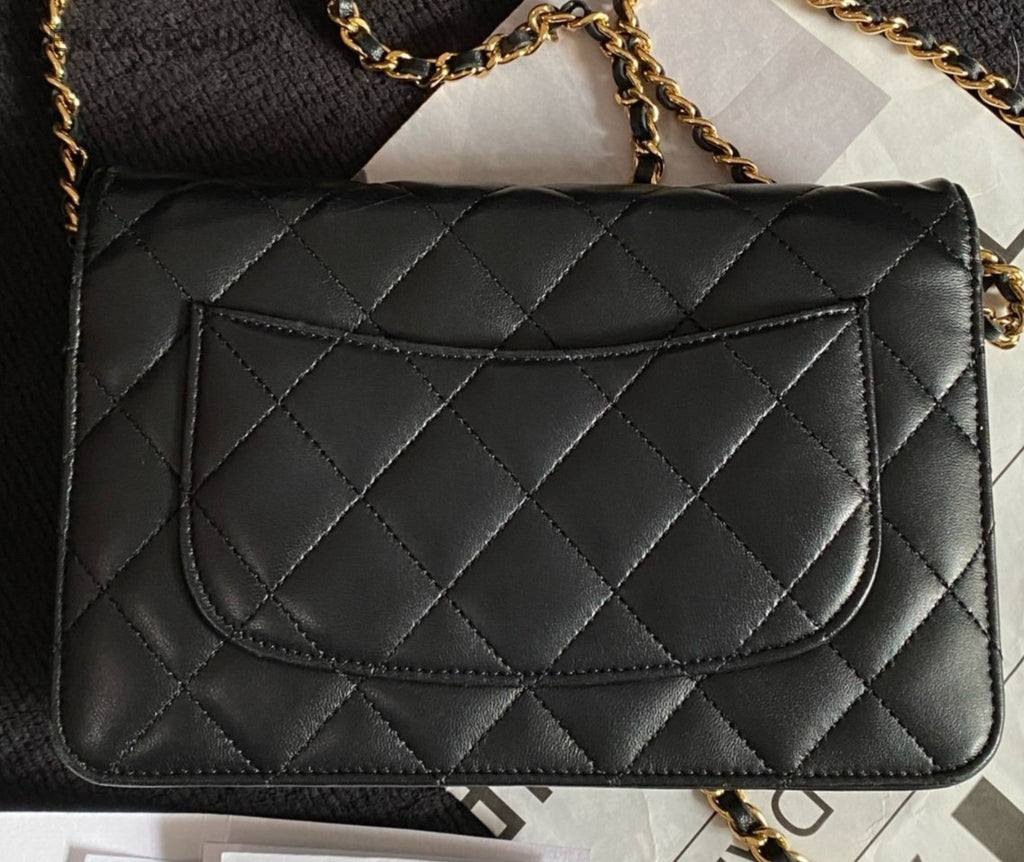 Chanel WOC Chain Shoulder Bag Crossbody Black Gold Women Classic Diamond