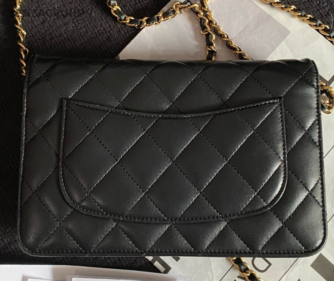Chanel WOC Chain Shoulder Bag Crossbody Black Gold Women Classic Diamond