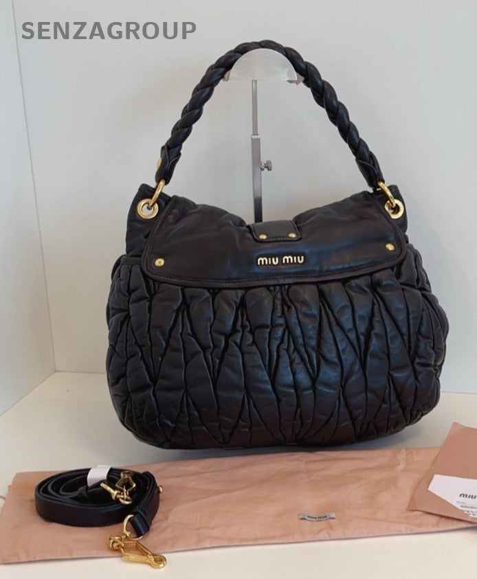 Miumiu Hobo Wrinkled skin 2WAY Shoulder Handbag Black Gold Women