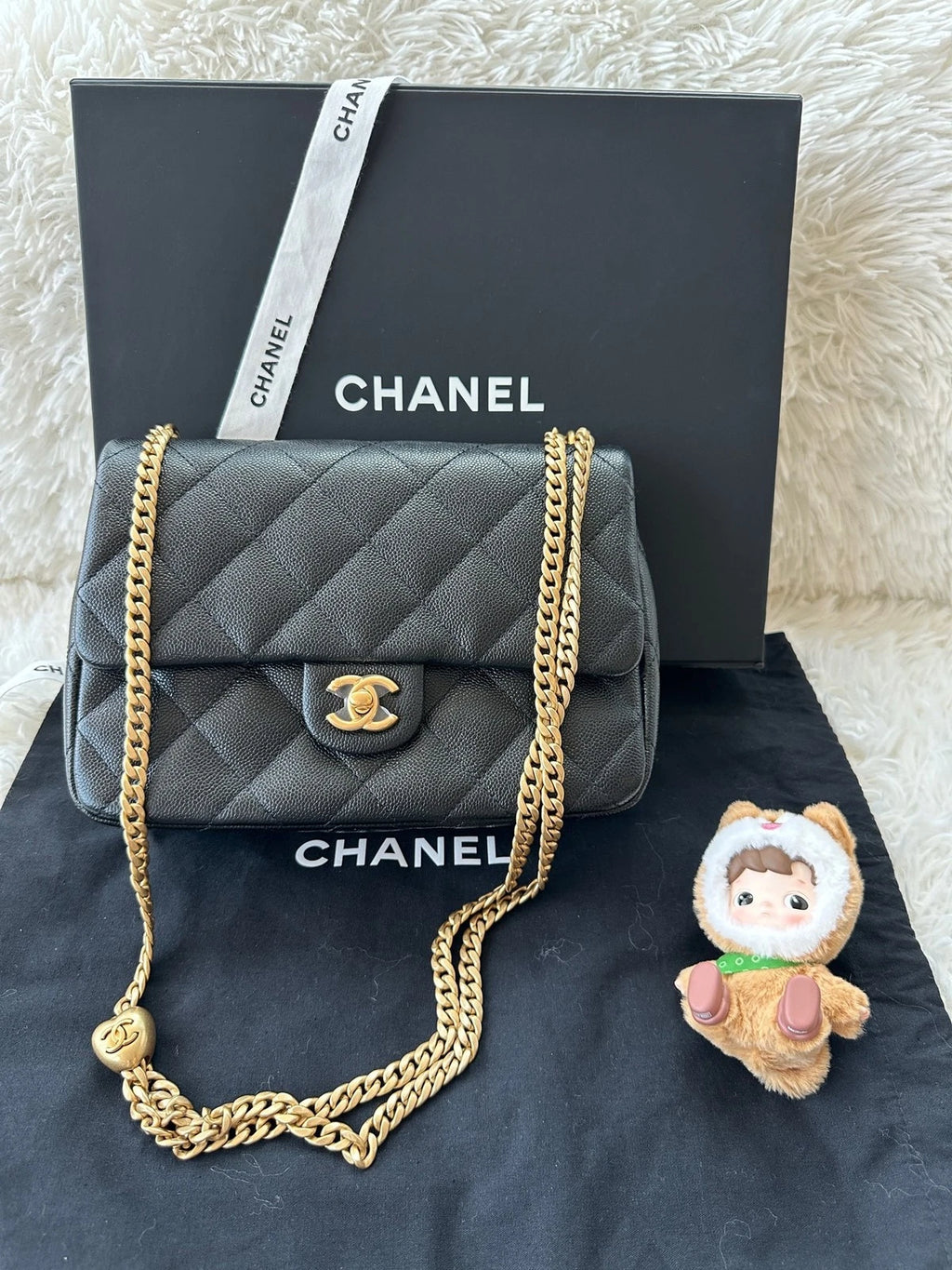 CHANEL Heart Adjustable Buckle Square Crossbody Grained Leather For Women