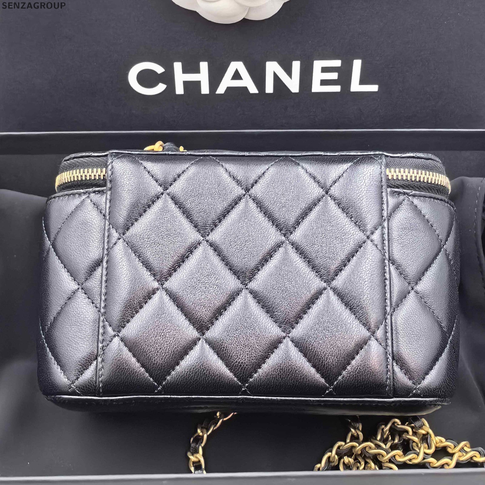 Chanel Classic Black Gold Quilted Chain Cosmetic Crossbody Bag