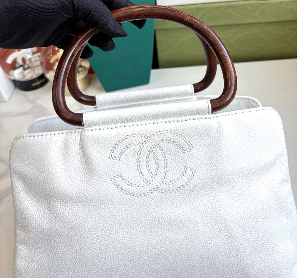 CHANEL CC Top Handle Pear blossom wood handle Handbag Calfskin White Women
