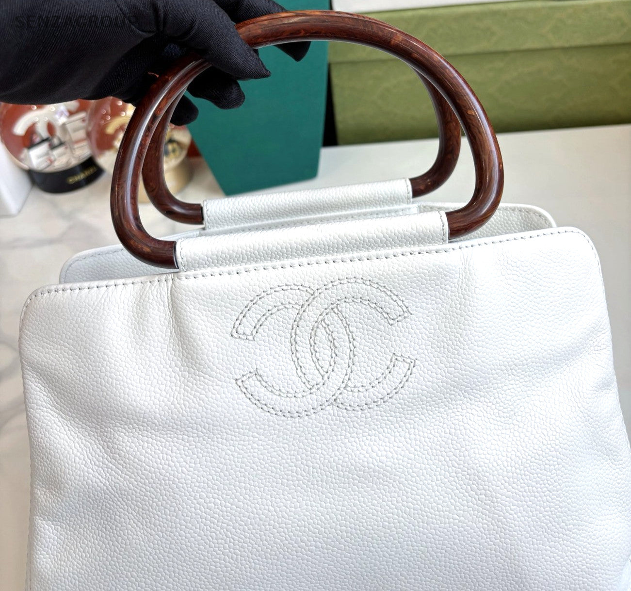 CHANEL CC Top Handle Pear blossom wood handle Handbag Calfskin White Women