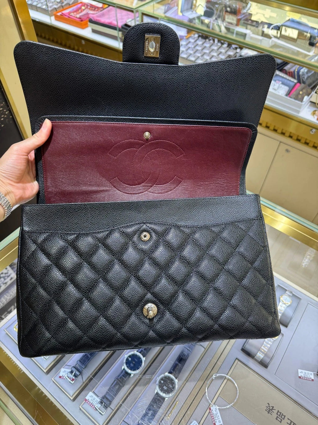 CHANEL CF Maxi Black Silver Leather Shoulder Bag For Women