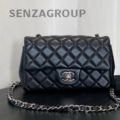Chanel Classic Flap Black Silver Lambskin Mini Square Bag Quilted