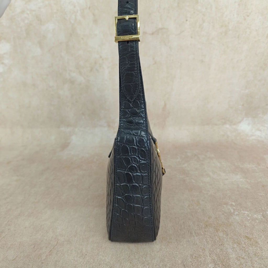 YSL Crocodile Embossed Black Gold Hobo Shoulder Bag For Women
