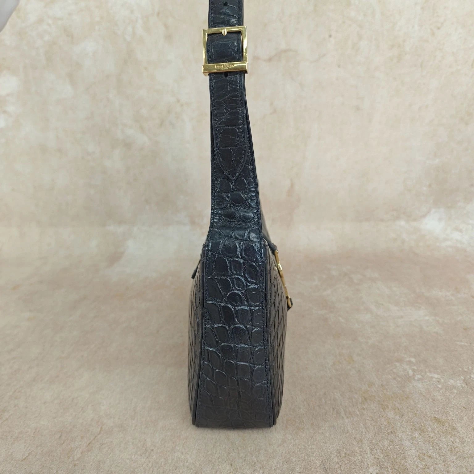 YSL Crocodile Embossed Black Gold Hobo Shoulder Bag For Women
