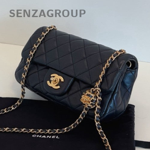Chanel Classic Flap Mini Chain Shoulder Bag Crossbody Black Gold Women Diamond
