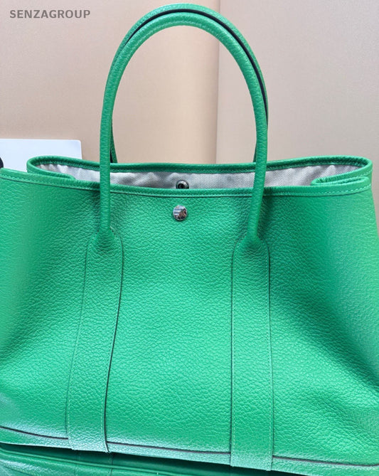 Hermes Garden 36 Silver Metal Top Handle Bag Green Women Designer Canvas