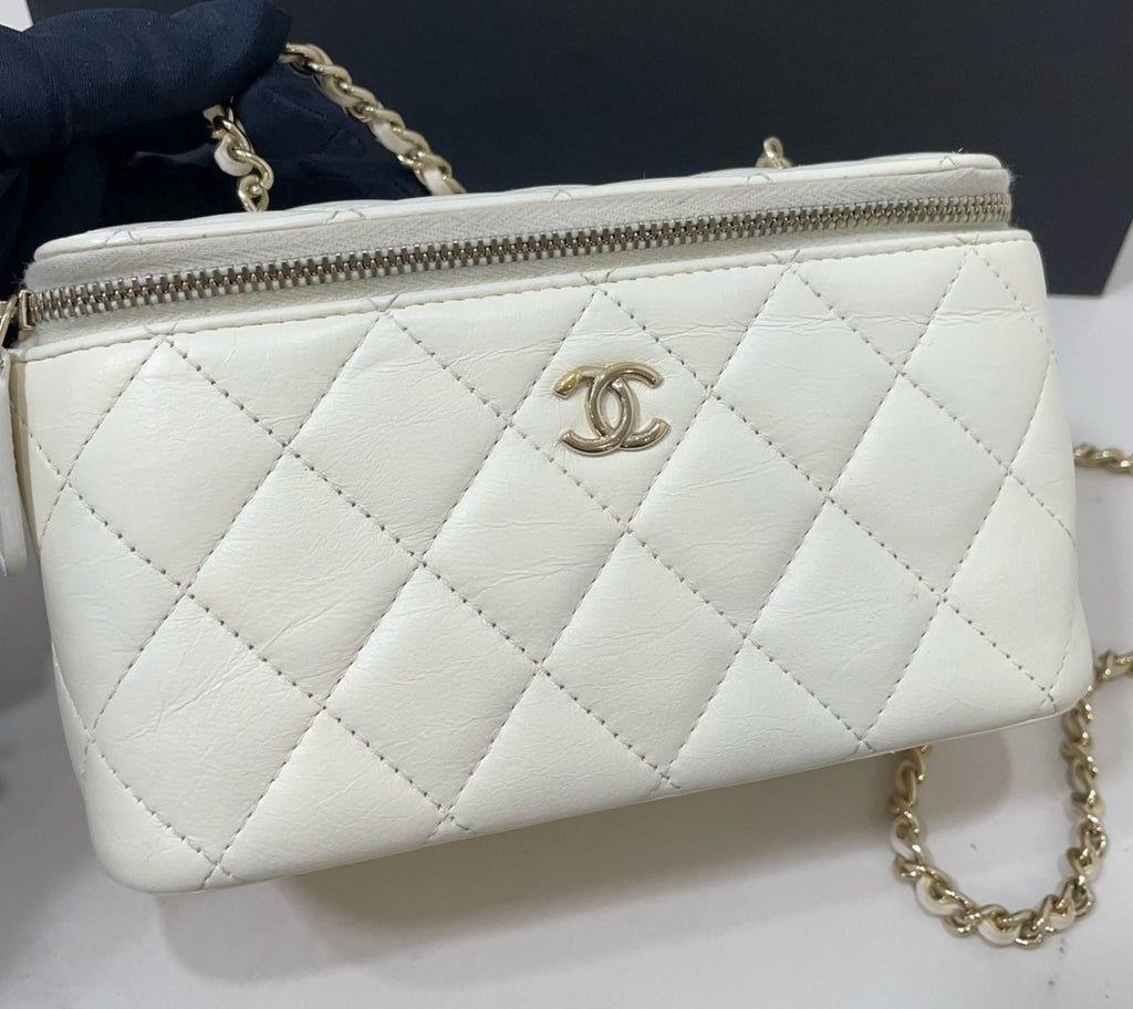 Chanel Diamond Lambskin Chain Box Crossbody White Gold Women Classic Fashion