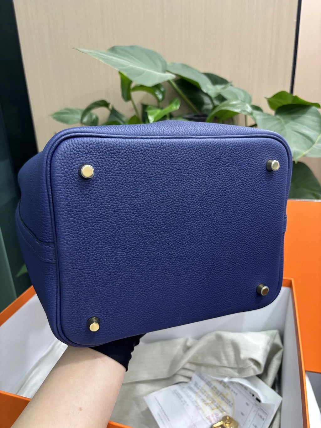 Hermes Picotion22 Bucket Top Handle Bag Blue Gold Used Women Classic