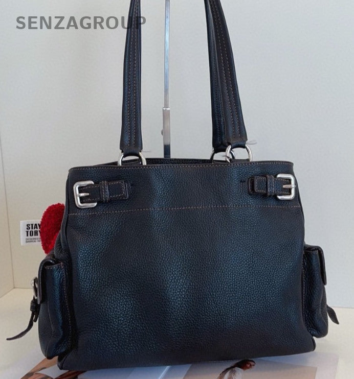 Prada Calfskin Tote Shoulder Bag Black Silver Used Women Classic