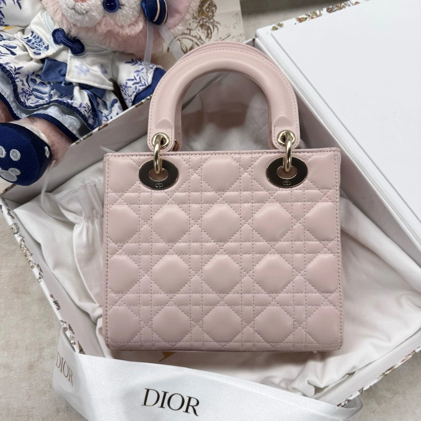 Dior Sakura Pink Lambskin Lady Dior Top Handle Bag For Women