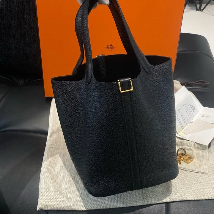 Hermes Picotin22 Togo Leather Top Handle Bag Black Gold Women Classic Fashion D