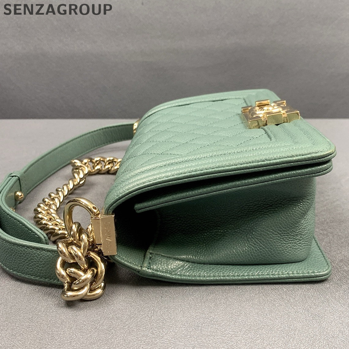 Chanel Small Boy Bag Green Gold Quilted Classic Chain Shoulder Crossbody