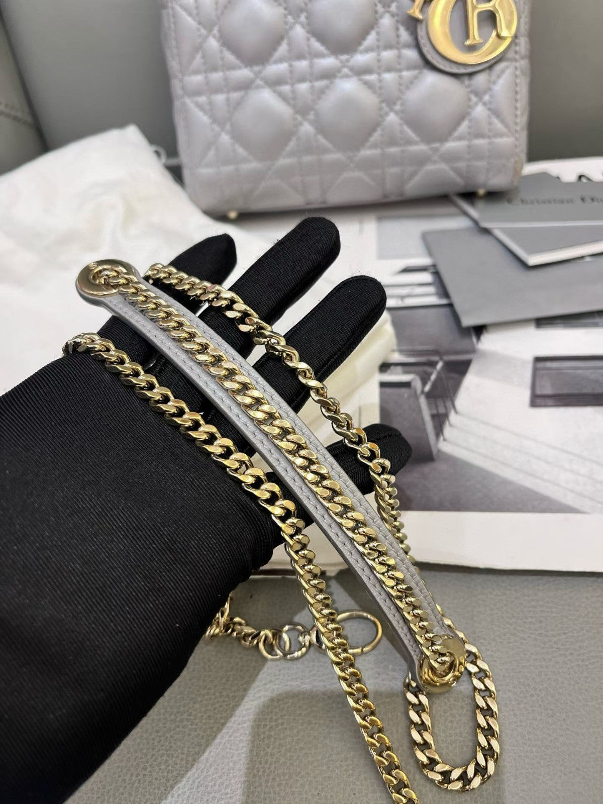 Christian Dior Lady Top Handle 2way Chain Shoulder Handbag Grey Women