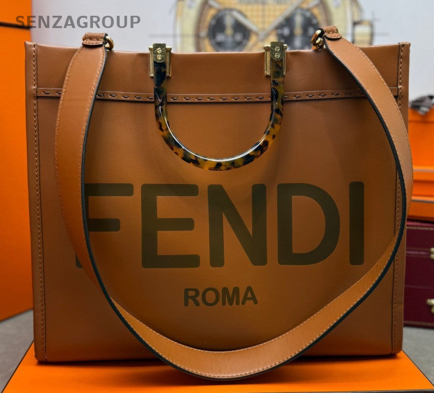 Fendi Calfskin 2Way Top Handle Bag Shoulder Bag Brown Gold Women Classic