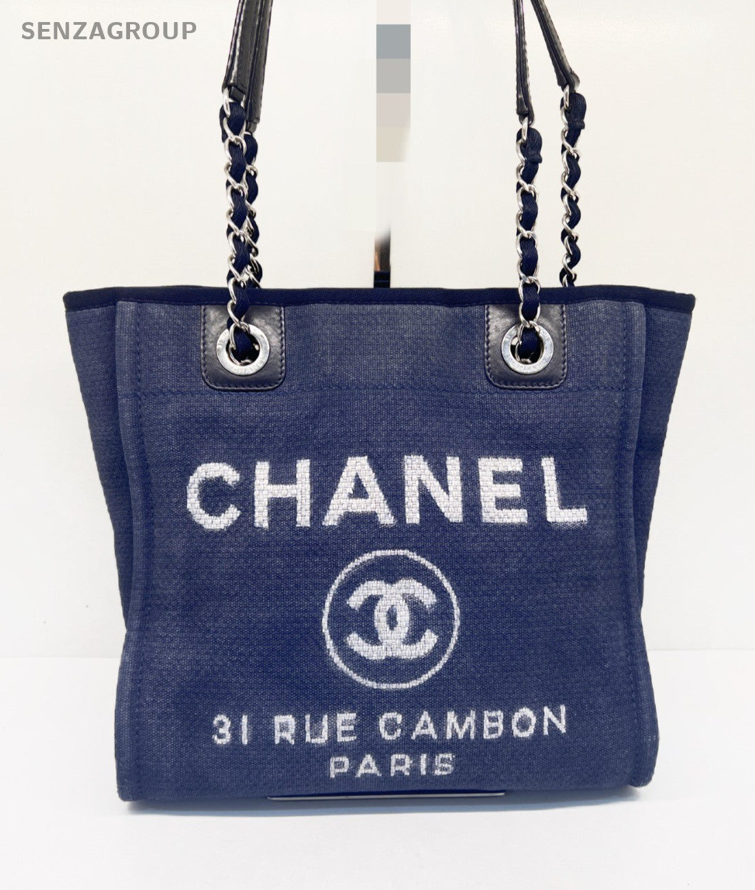 CHANEL Tote Denim Chain Shoulder Handbag Canvas Blue Women