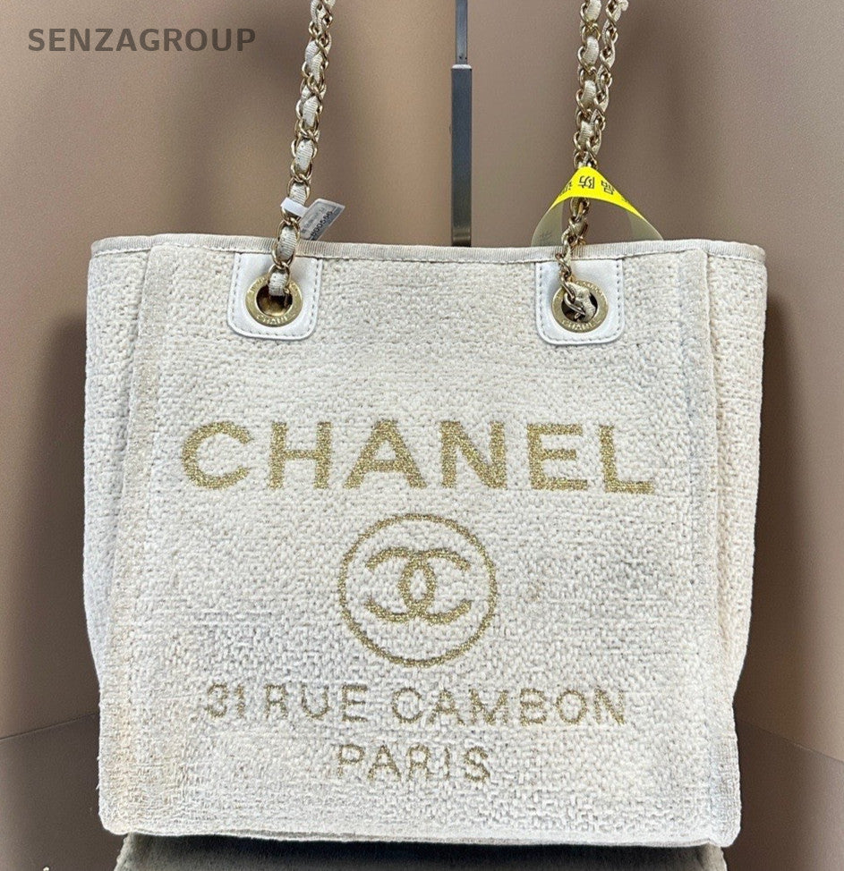 Chanel Classic Knitting Canvas PM Chain Shoulder Bag White Gold Women
