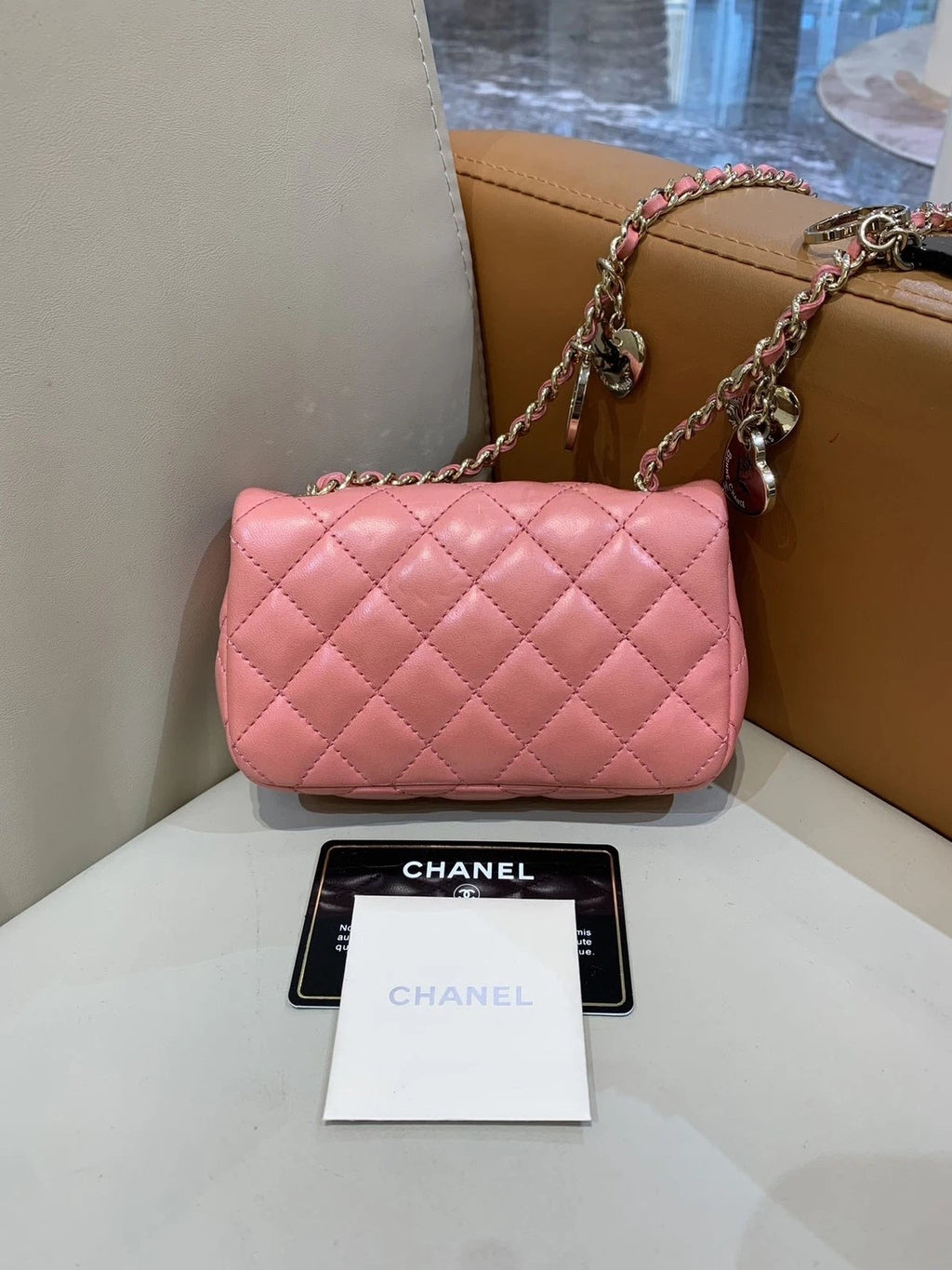 CHANEL Peach Pink Gold Buckle Mini Heart Badge Crossbody Bag Women