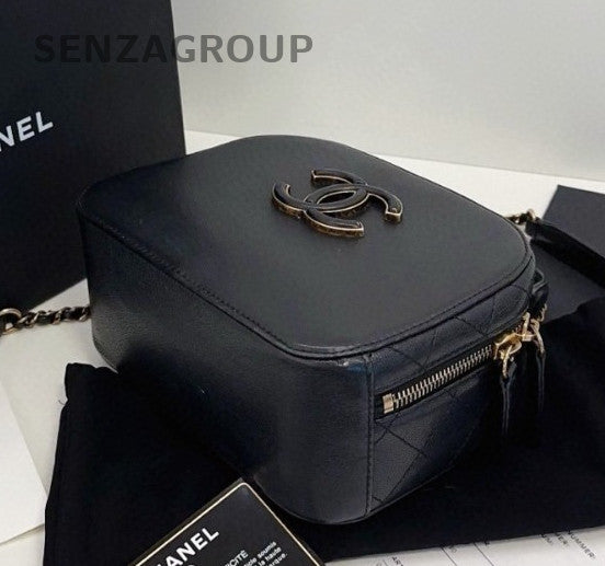 Chanel Camera Case Calfskin Top Handle Bag Chain Crossbody Black Gold Women