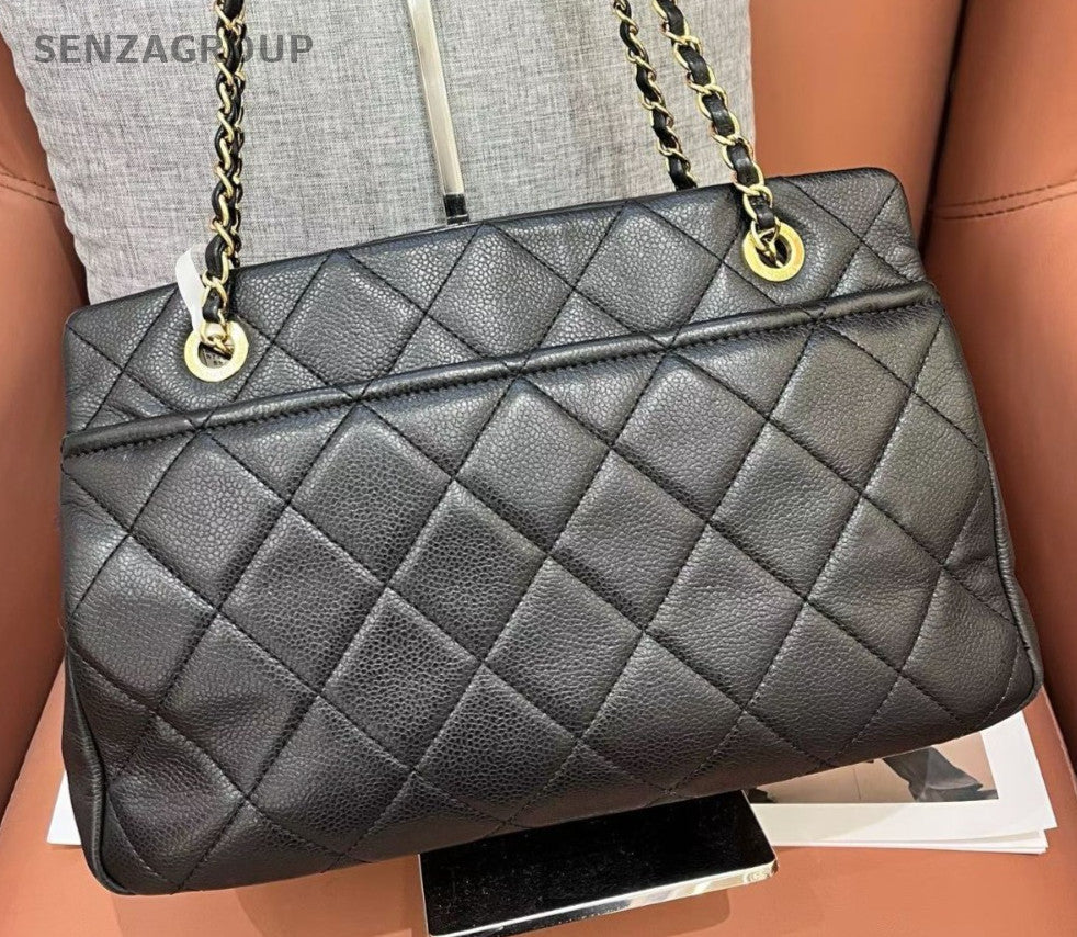 Chanel Diamond Tote Chain Shoulder Bag Black Gold Women Classic CC Logo