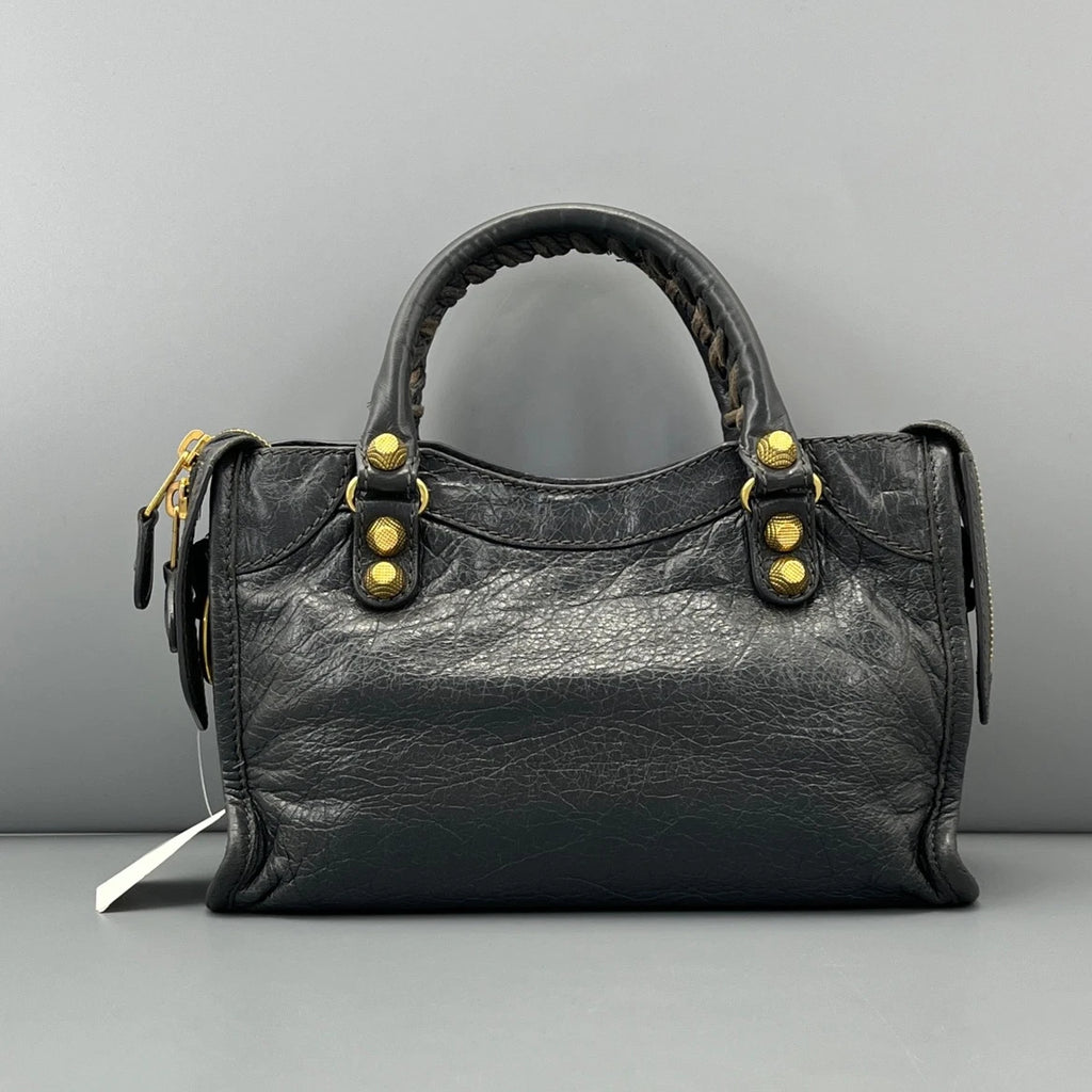 Balenciaga City Bag Mini Tote Top Handle Crossbody Bag Gray Gold Hardware Women