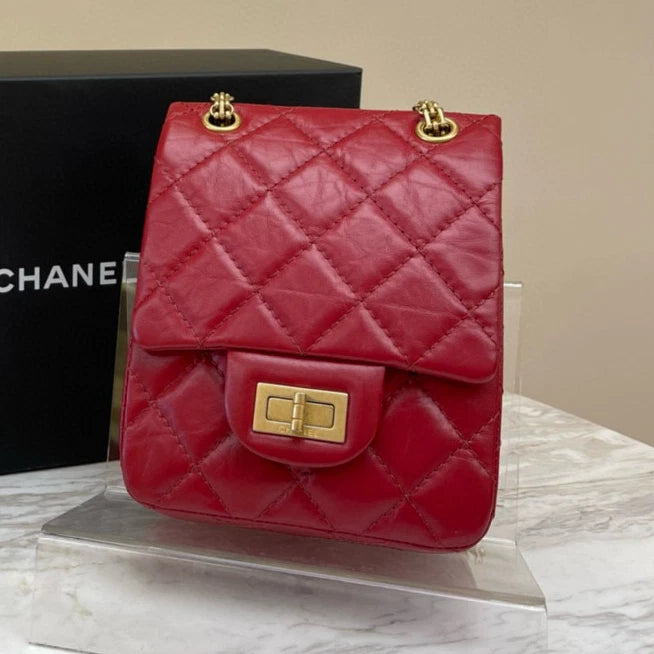 Chanel 2.55 Mini Classic Flap Bag Red Gold Chain Shoulder Bag