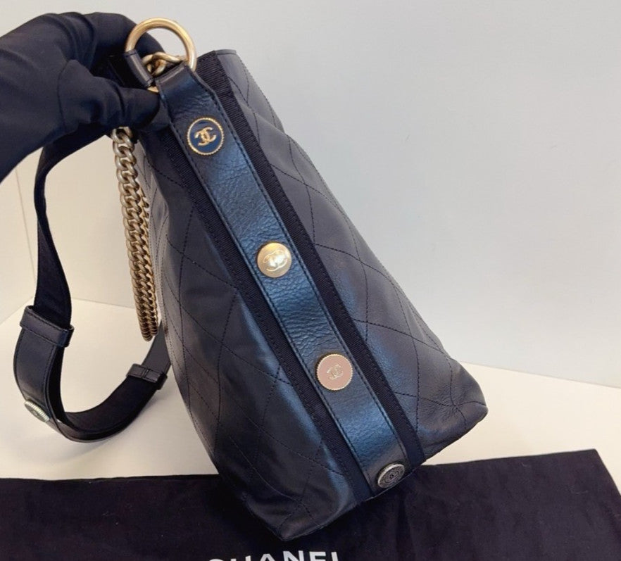 Chanel Hobo PM Chain Shoulder Bag Crossbody Black Gold Women Classic Diamond