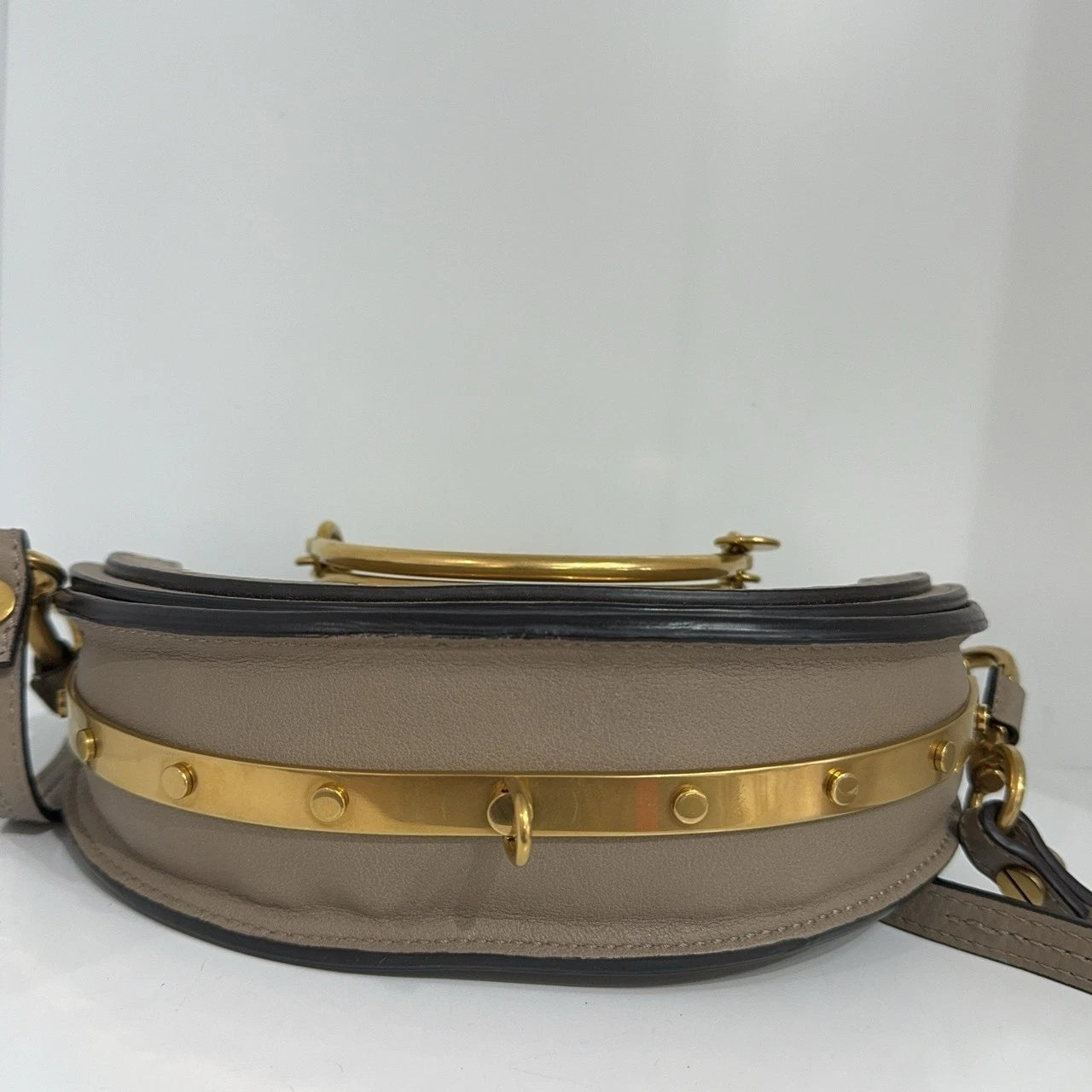 Chloe Grey Calfskin Rivet Crescent Shoulder Crossbody Handbag Women