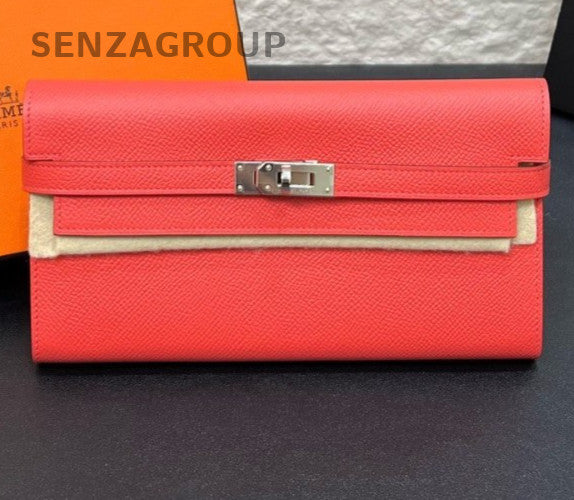 Hermes Kelly long Epsom Leather Wallet Kelly Togo Red Silver Women Designer