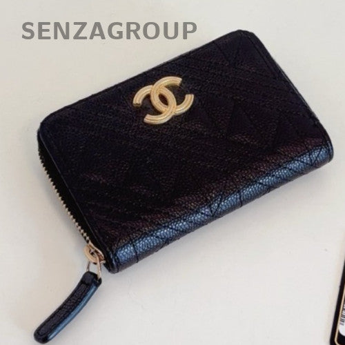 Chanel Calfskin Wallet Black Gold Used Women Classic