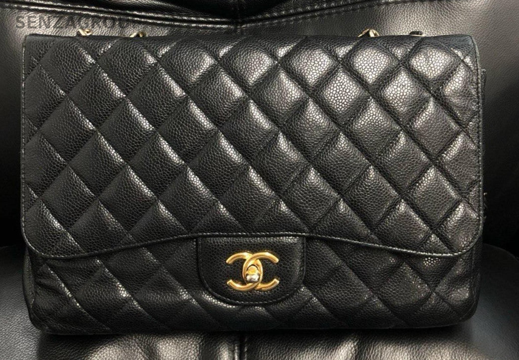 Chanel Classic Flap Jumbo Chain Shoulder Bag Black Gold Used Women Classic