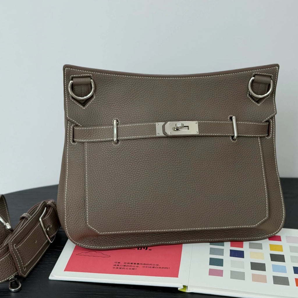 Hermes Jypsiere34 TC Leather Shoulder Bag Gray Silver Unisex Adults