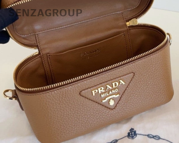 Prada Calfskin Leather 2Way Top Handle Bag Crossbody Brown Gold Women Classic
