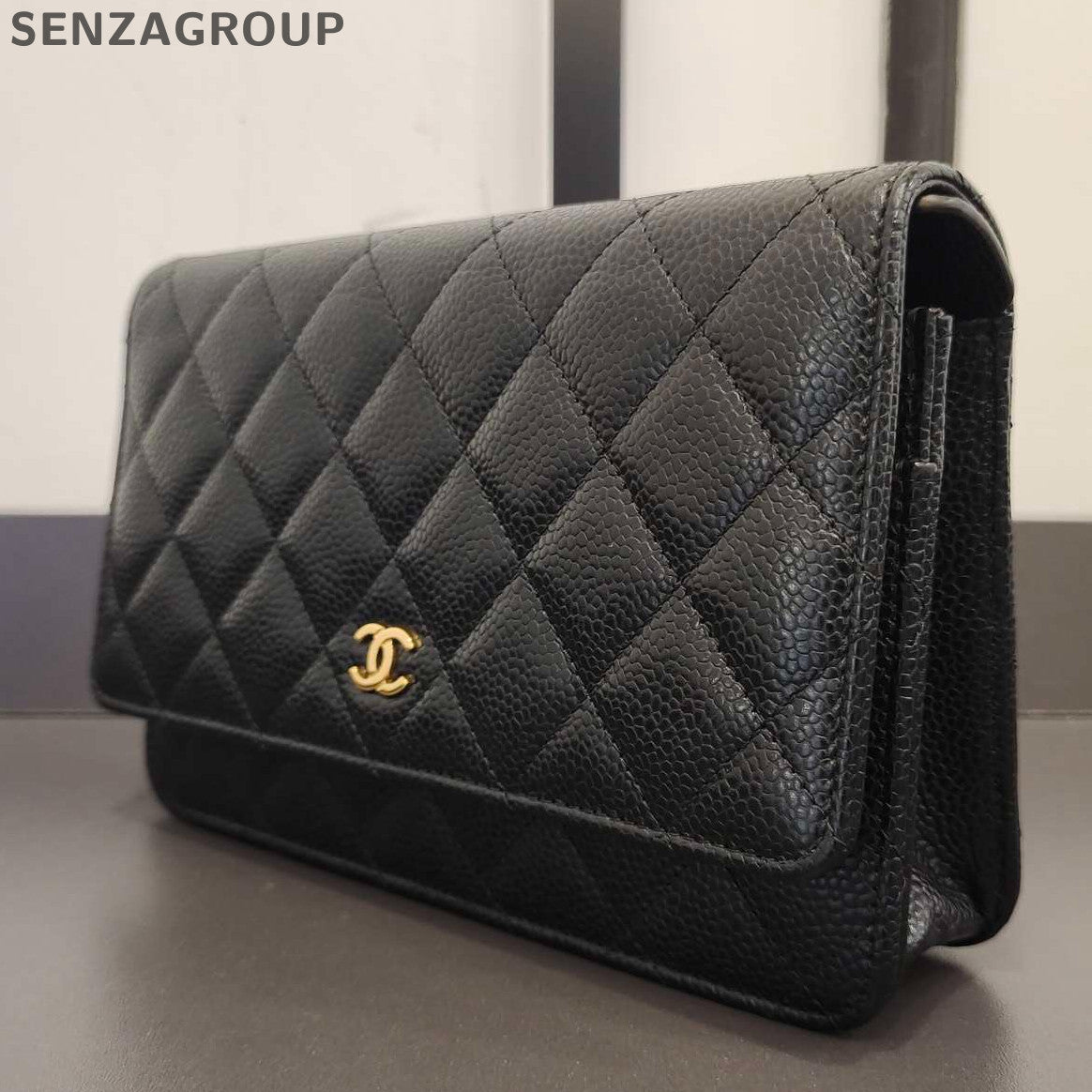 Chanel WOC Black Gold Quilted Calfskin Chain Crossbody Bag Classic
