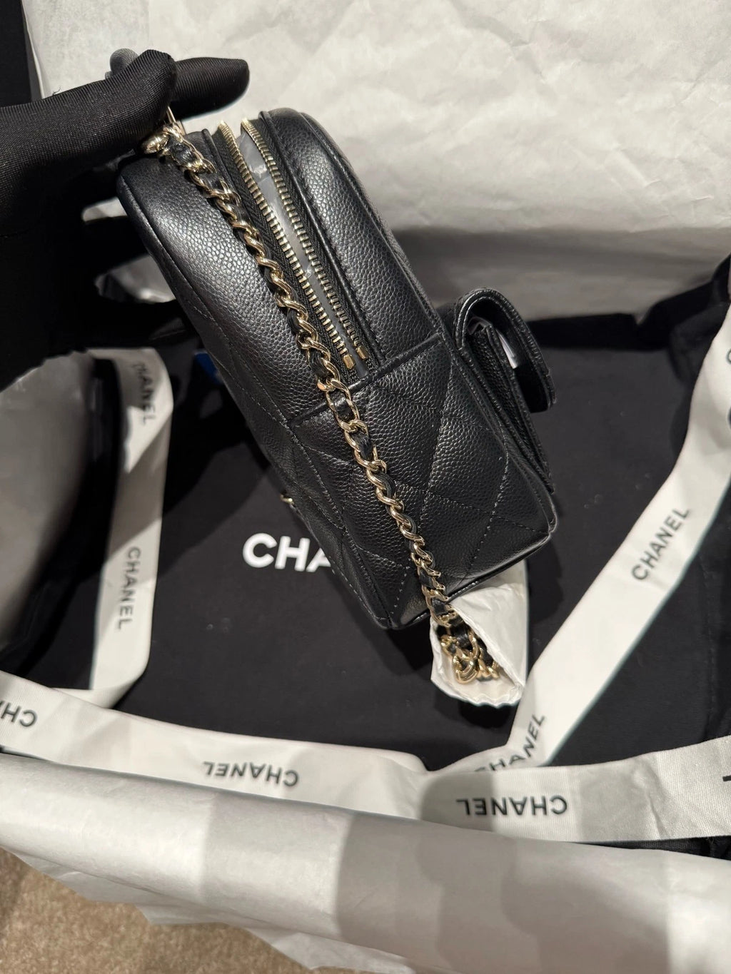 CHANEL Black Gold Caviar Leather Mini Backpack For Women