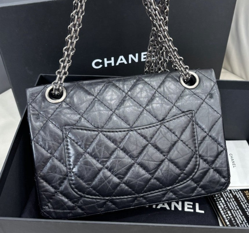 Chanel 2.55 Mini Chain Shoulder Bag Crossbody Black Silver Diamond Women Classic